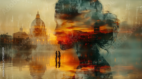 Double exposure of silhouette of woman and St. Peter's Basilica