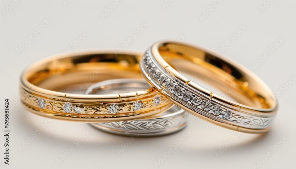 Close up of two wedding rings on a white surface, made of metal and gemstone Close up of two wedding rings on a white surface, made of metal and gemstone