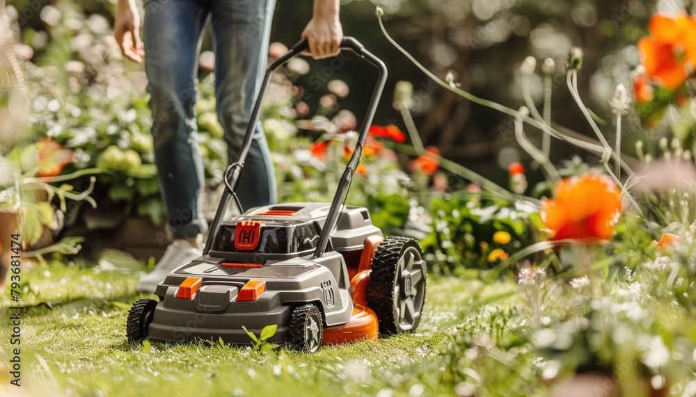 Fototapeta premium A person is mowing the lawn with a lawnmower in the garden
