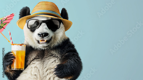 Beach holiday concept with cute panda wearing summer hat on isolated  background	
