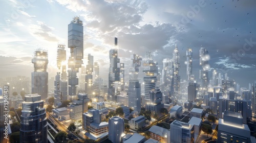 Digital rendering of a futuristic metropolis with modular skyscrapers and adaptive reuse strategies photo