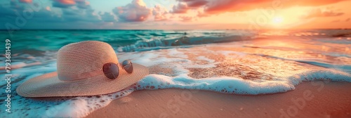 Stylish sun hat and sunglasses on tropical beach, ideal for summer travel promotions photo