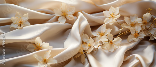Delicate cherry blossoms rest upon luxurious  smooth satin fabric  embodying a serene and graceful aesthetic.