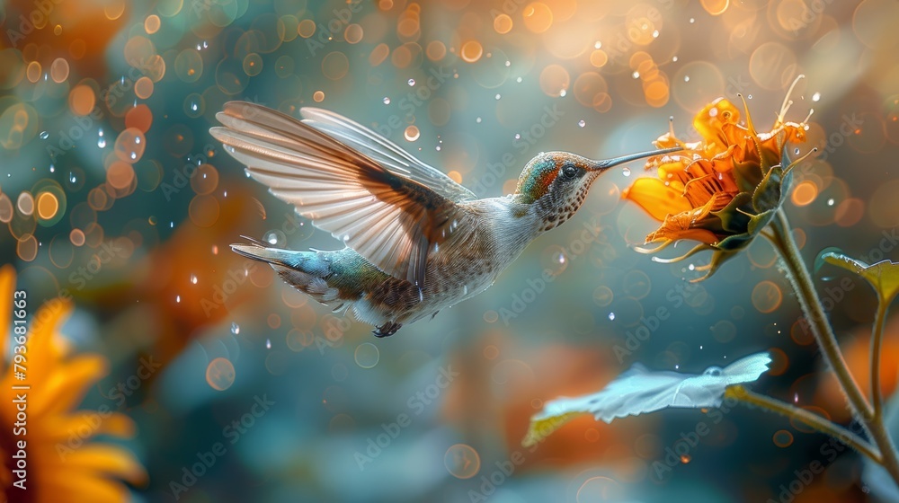 Golden Splendor Hummingbirds and Sunflowers in the Dance of Dawn
