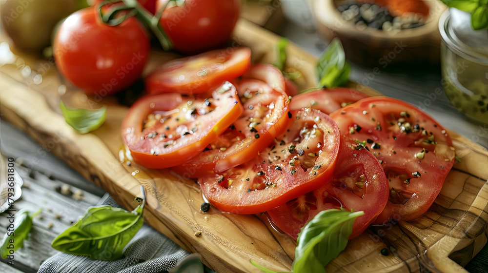 Slices of tomatoes arranged neatly on a wooden kitchen board