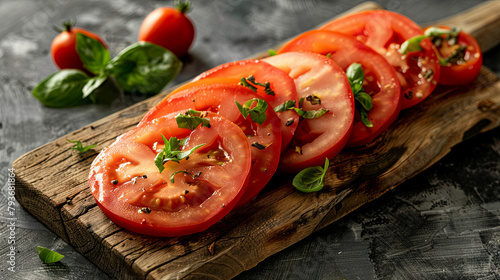 Neatly arranged slices of tomatoes on a wooden kitchen board © Taisiia