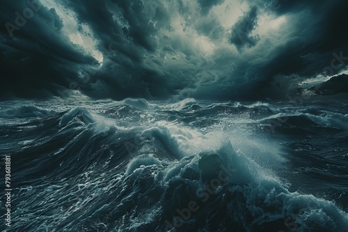 Dramatic stormy seas with crashing waves and dark clouds overhead