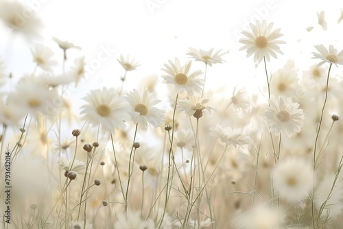 Dreamy daisy field on a soft transparent white backdrop  evoking a sense of whimsy