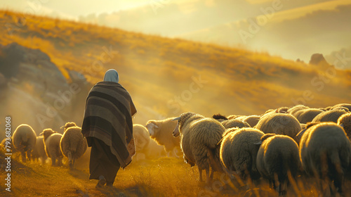 Bible jesus shepherd with his flock of sheep. photo