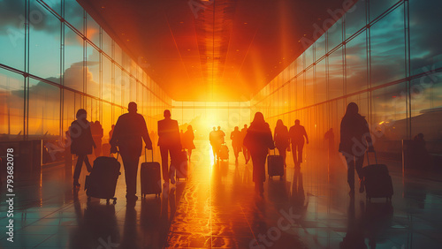 A group of people are walking through a large airport terminal, with their luggage in tow. The sun is shining brightly, casting a warm glow on the scene. Scene is one of travel and adventure © Aleksandr Matveev