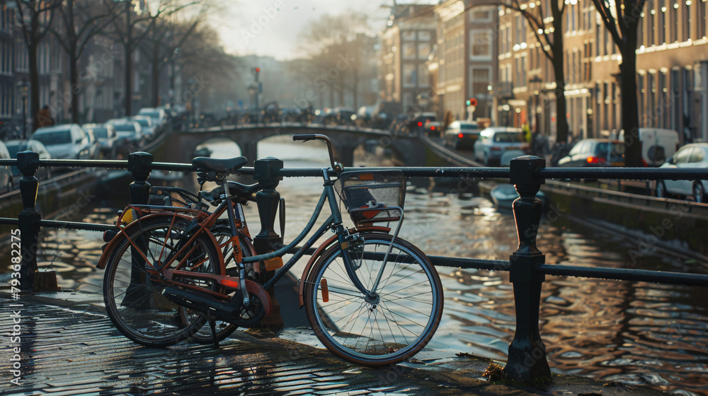 Bicycles parked against a railing along a canal