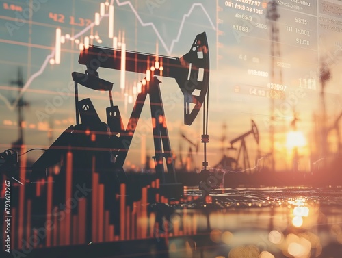 Silhouette of oil pump jack with financial graphs overlay symbolizing market dynamics.