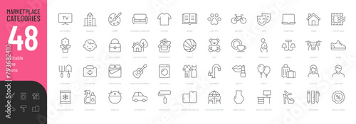 Marketplace Categories Line Editable Icons set. Vector illustration in modern thin line style of e-commerce related icons: household goods, electronics and household appliances, clothing, and more. 