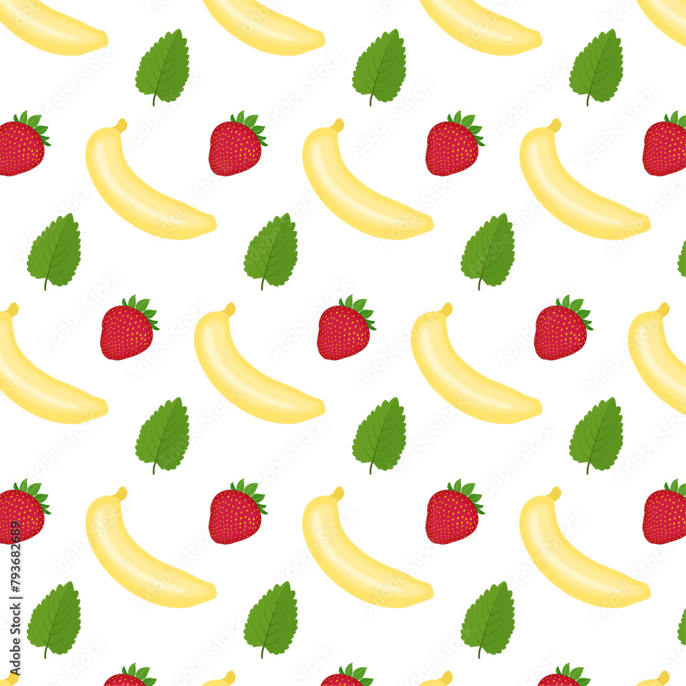 Seamless pattern for packaging and wrapping paper. Yellow banana and green mint leaf. Red strawberries white background. Print for paper gift bag. Ornament for fabric and textiles. Juicy ripe berries. Seamless pattern for packaging and wrapping paper. Yellow banana and green mint leaf. Red strawberries white background. Print for paper gift bag. Ornament for fabric and textiles. Juicy ripe berries.