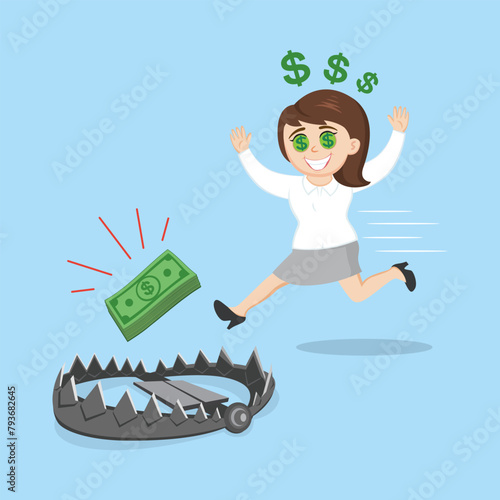 Woman money eyes takes dollars from a bear trap. Flat, Vector, Illustration, Cartoon, EPS10. 