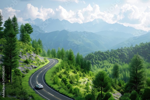 EV (Electric Vehicle) electric car is driving on a winding road that runs through a verdant forest and mountains 
