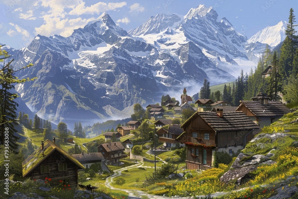 A quaint village nestled in the Swiss Alps. A quaint village nestled in the Swiss Alps.