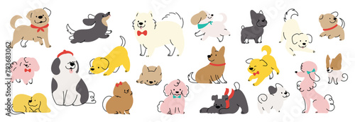 Fototapeta Naklejka Na Ścianę i Meble -  Set of cute dogs clipart vector. Lovely dog and friendly puppy doodle pattern in different poses and breeds with flat color. Adorable funny pet and many characters hand drawn collection.
