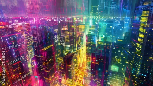 Electric cityscapes alive with color and motion  depicted in dazzling neon against a blank white surface