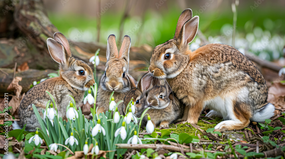 Fototapeta premium Group of rabbit in the forest with snowdrop flowers in the background