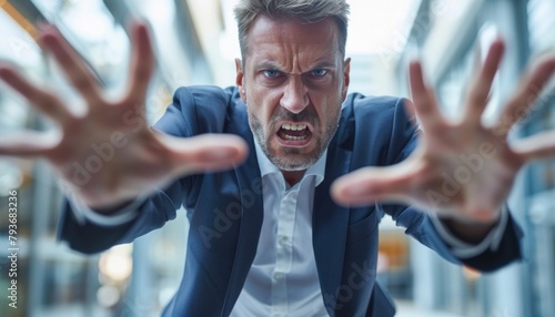 Businessman shouting at everyone: scene of tense conflict in the office