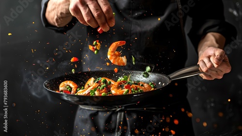 Chef in Action: Cooking Stir Fry with Flying Ingredients. Dynamic Kitchen Scene. Culinary Art Candid Shot, Close-up. AI photo