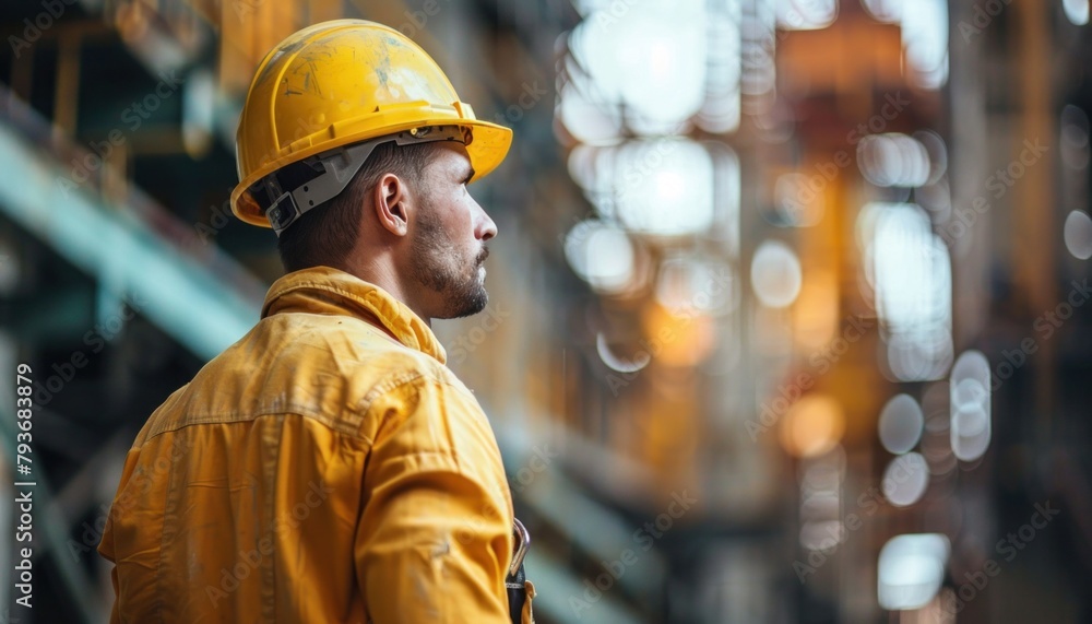 A construction worker in yellow overalls and hard hat stands in a factory A construction worker in yellow overalls and hard hat stands in a factory