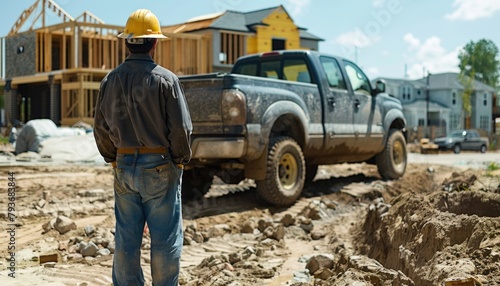 Construction worker by truck at site with tire, wheel, fender, and tread © ЮРИЙ ПОЗДНИКОВ