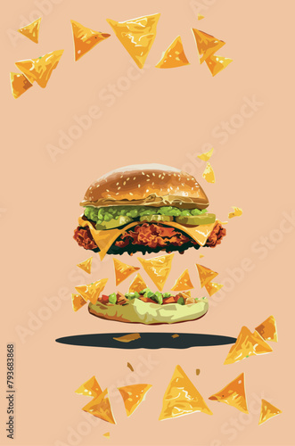Vector illustration of chicken burger with guacamole, nachos, queo cheddar and sweet pickles