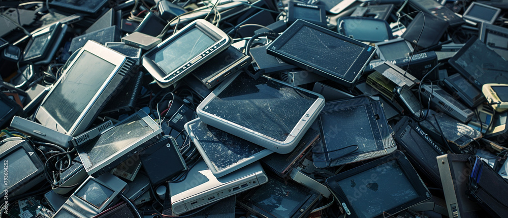 A large pile of discarded electronic devices, including phones, tablets, and cables, outdoors. A large pile of discarded electronic devices, including phones, tablets, and cables, outdoors.