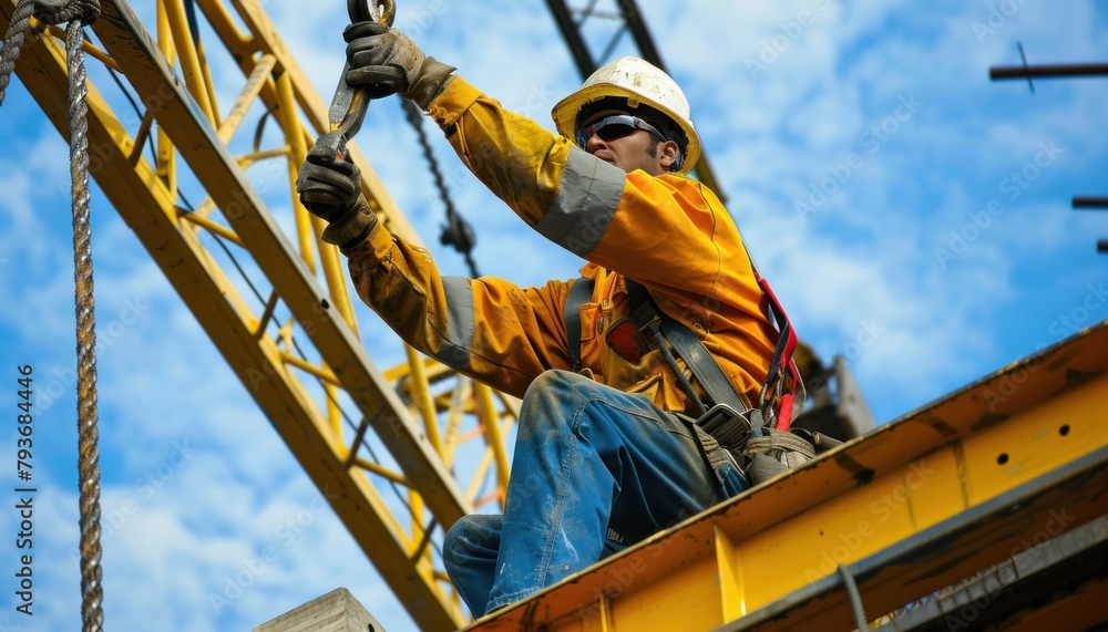 Fototapeta premium Construction worker in helmet on yellow crane, against sky backdrop