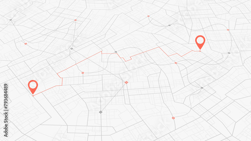 Navigation to poi. Online digital service for vehicle with location search. Generic city map with signs of streets, roads. Vector illustration, map background