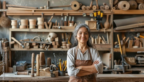 Woman standing in woodworking shop with arms crossed