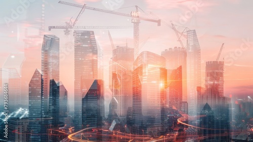 This photo showcases a cityscape with a vibrant array of towering buildings and a bustling urban environment, Futuristic city skyline construction visualized through double exposure