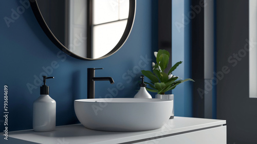 Close up of white sink with oval mirror hanging 