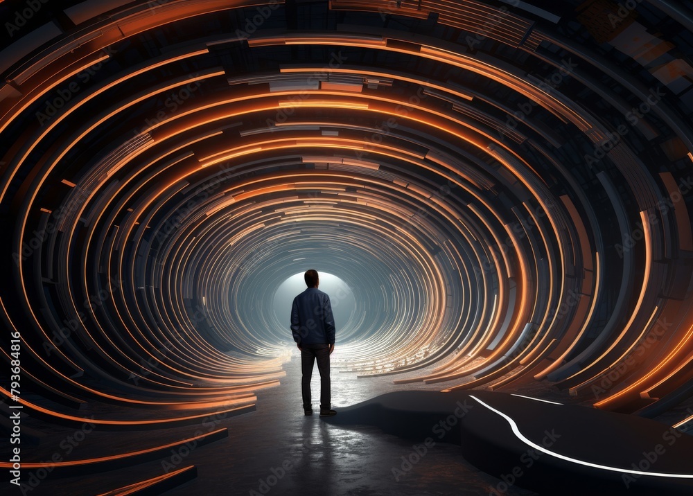 silhouette of a businessman, seen from behind, standing within the LED technology-lit confines of an underground tunnel, his figure outlined by the striking play of light. silhouette of a businessman, seen from behind, standing within the LED technology-lit confines of an underground tunnel, his figure outlined by the striking play of light.