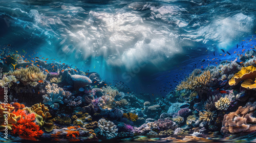 A colorful and diverse coral reef ecosystem teeming with marine life, including fish, crustaceans, and various species of coral, creating a visually stunning underwater landscape photo