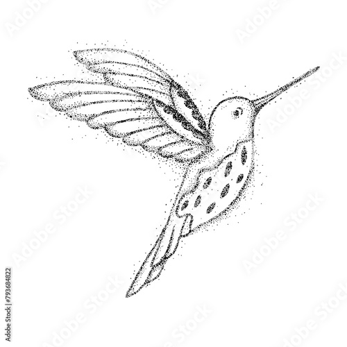 Detailed Black and White Dotwork Illustration of a Hummingbird in Flight