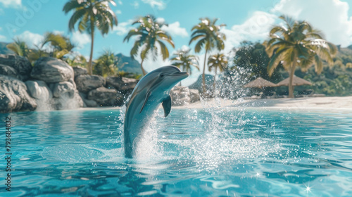 A dolphin gracefully leaps out of the ocean waters with palm trees in the background
