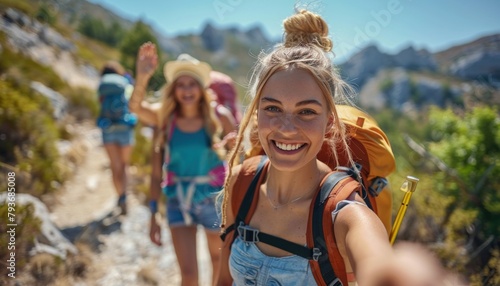 a woman with a backpack is taking a selfie while hiking with her friends © ЮРИЙ ПОЗДНИКОВ
