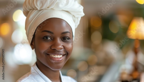 A happy woman in a chefs hat smiles for the camera at an event