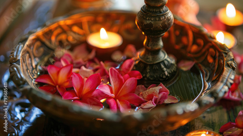 A bowl filled with colorful flowers and lit candles placed on a wooden table