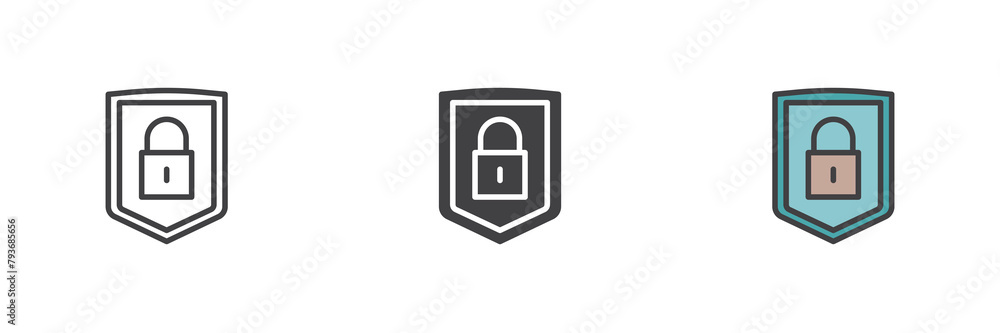 Security shield with lock different style icon set Security shield with lock different style icon set