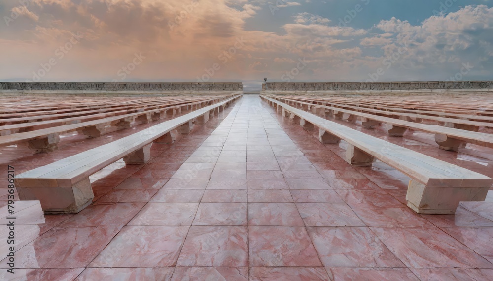 Symmetrical row of benches on tiled walkway under the cloudy sky