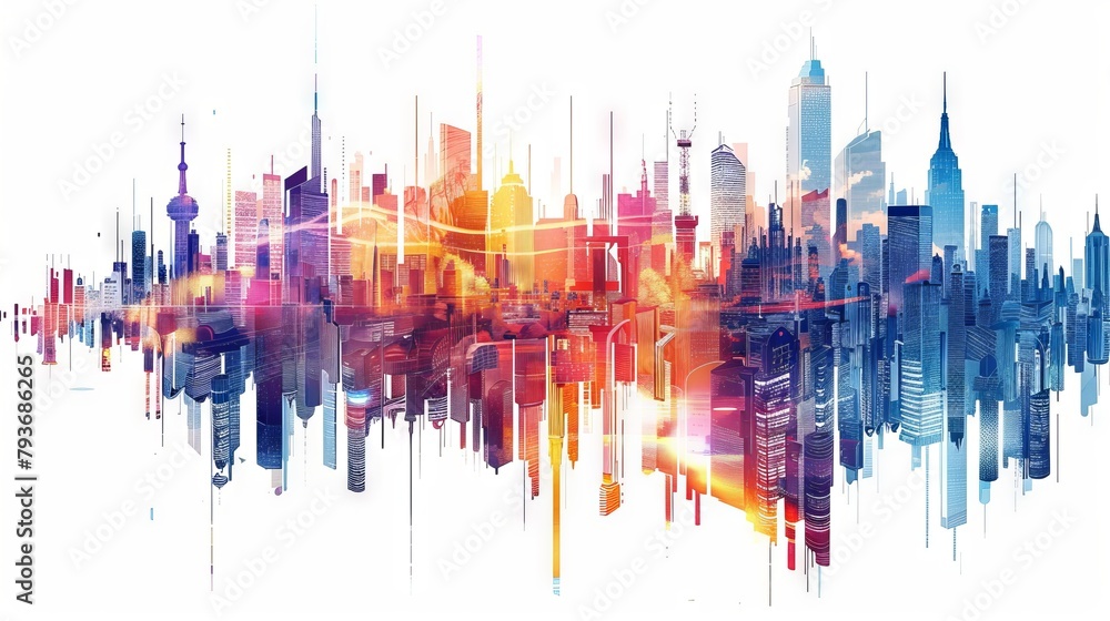 Futuristic abstract cityscape map illustration capturing the energy and vibrancy of urban life with minimalist aesthetics on white