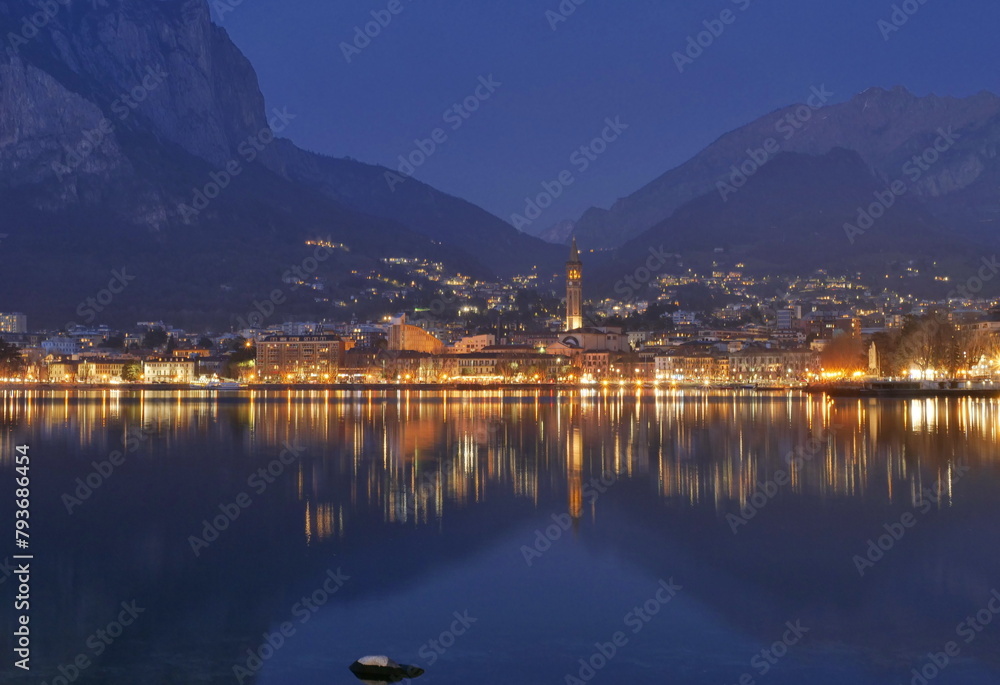 Nightscape landscape on Lecco lake, Lombardy, Italy.