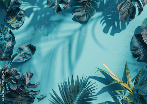 Tropical palm leaves on blue background. Summer composition. Flat lay, top view, copy space