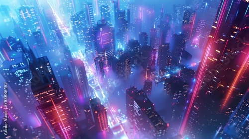 Futuristic cityscapes bathed in the luminous glow of neon lights  capturing the imagination against white