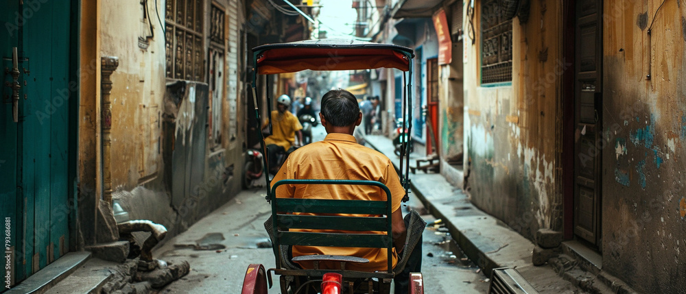 A rickshaw driver skillfully maneuvering through a tight alleyway in a bustling city street.