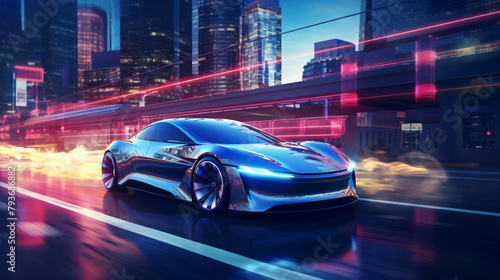 Futuristic car speeds through a neon-lit cityscape, encapsulating the essence of speed, innovation, and modern automotive design.